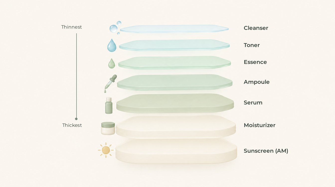 Routine order from cleanser to sunscreen with an ampoule and a serum