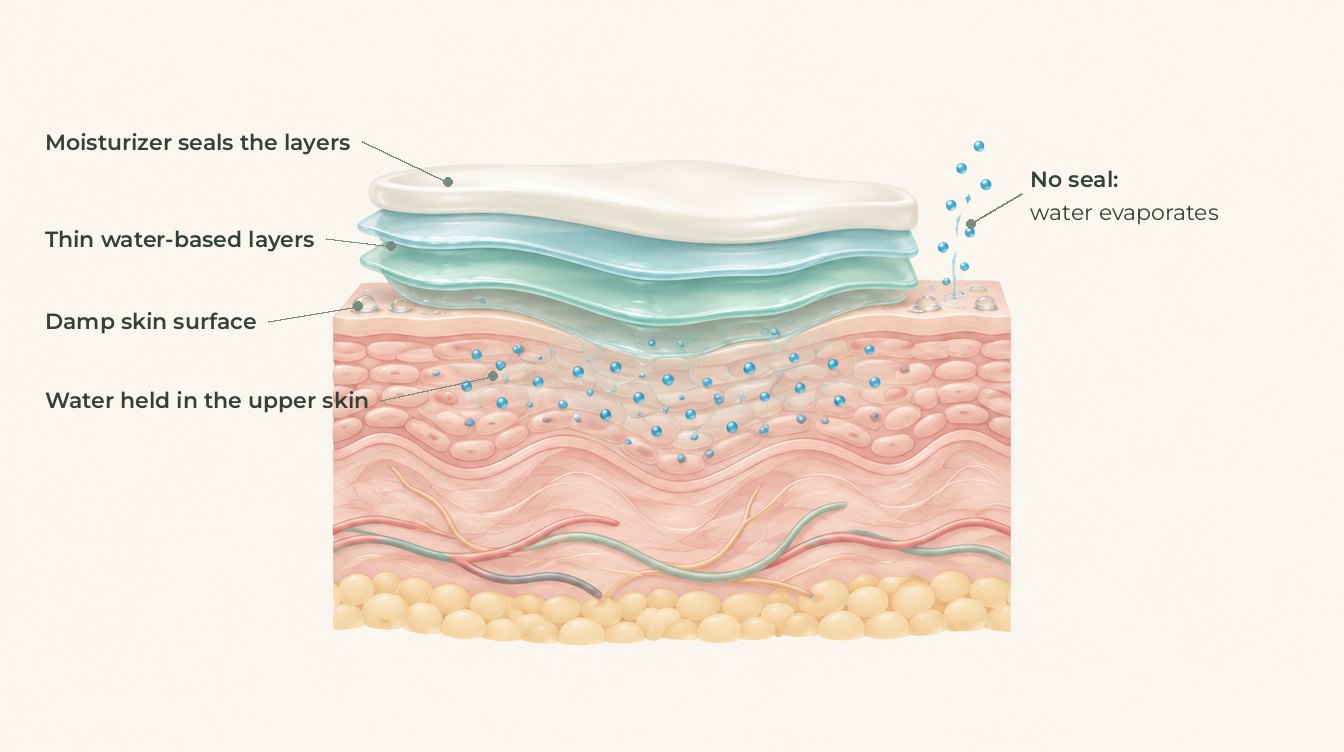 How skin flooding layers hold water: damp skin, thin humectant layers and a sealing cream