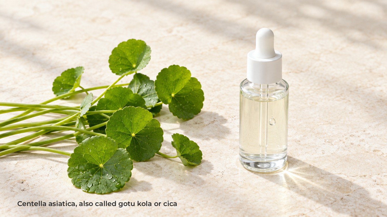 Madagascar centella leaves beside a glass dropper ampoule