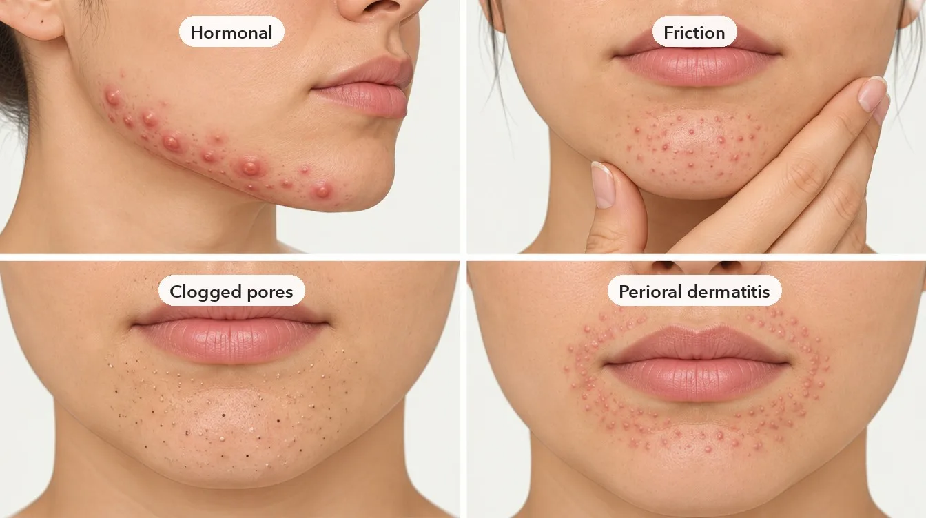 The four patterns of chin breakouts: hormonal bumps along the jaw, friction bumps at contact points, whiteheads and blackheads, and perioral dermatitis with a clear rim at the lips