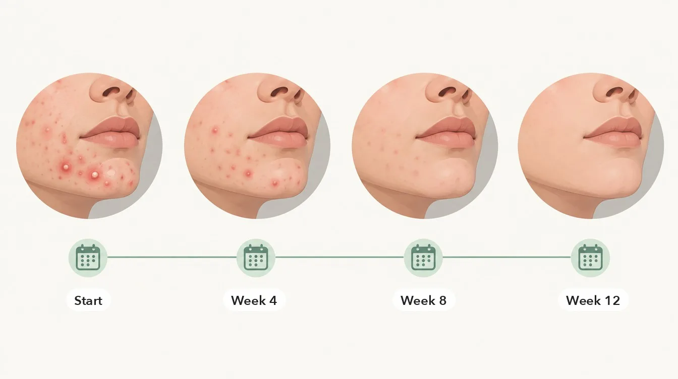 A 12-week timeline for chin acne: first changes in weeks 4 to 6, steady improvement by week 8, full effect around week 12