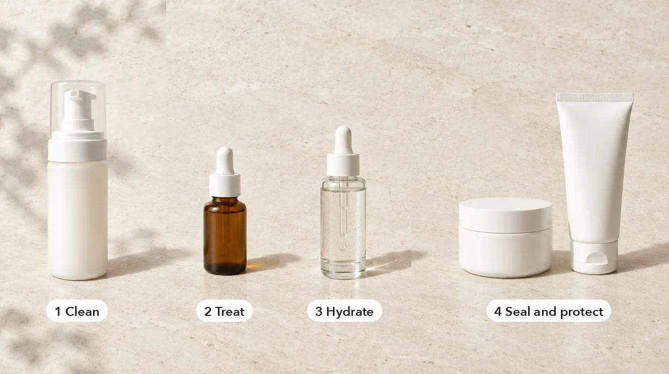 Morning and night skincare routine order side by side, grouped into clean, treat, hydrate and seal phases