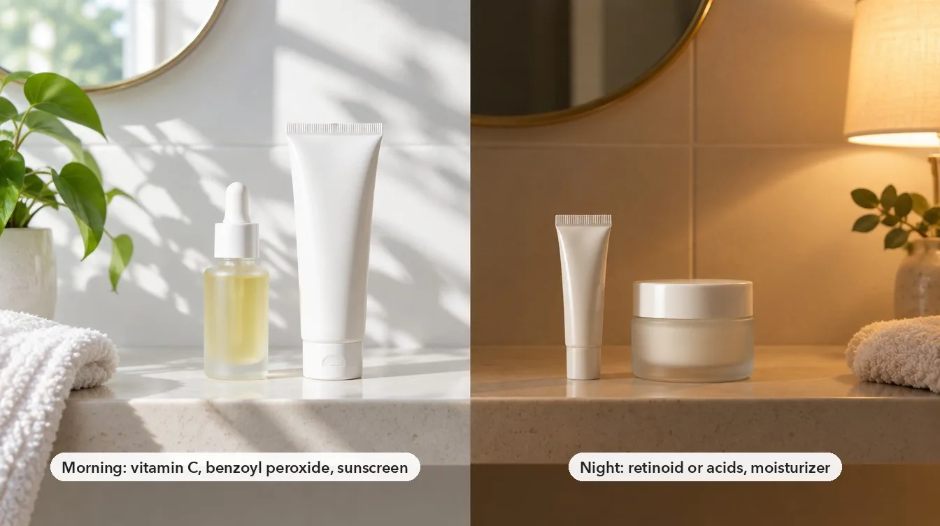 Pairings to keep apart in a skincare routine: retinoid and acids on alternating nights, benzoyl peroxide in the morning and tretinoin at night