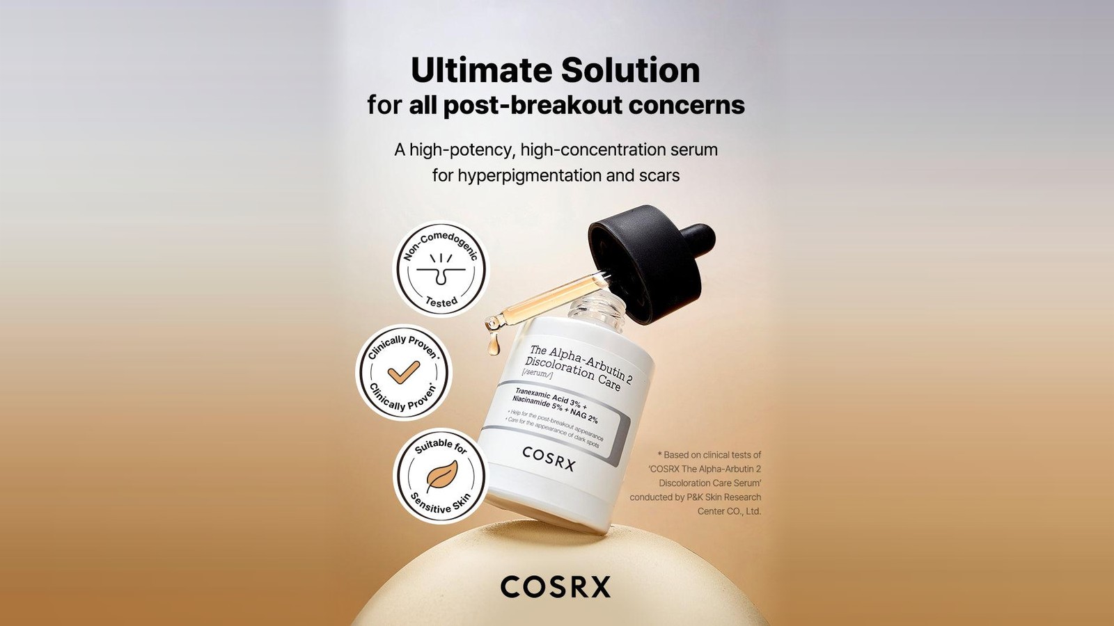 COSRX The Alpha-Arbutin 2 Discoloration Care Serum bottle with non-comedogenic tested, clinically proven and suitable for sensitive skin badges